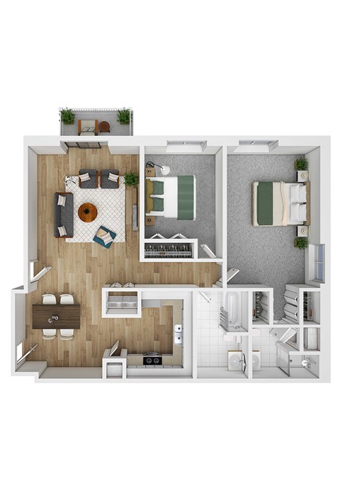 Floor plan for 2 beds, 2 baths, 1000 sqft